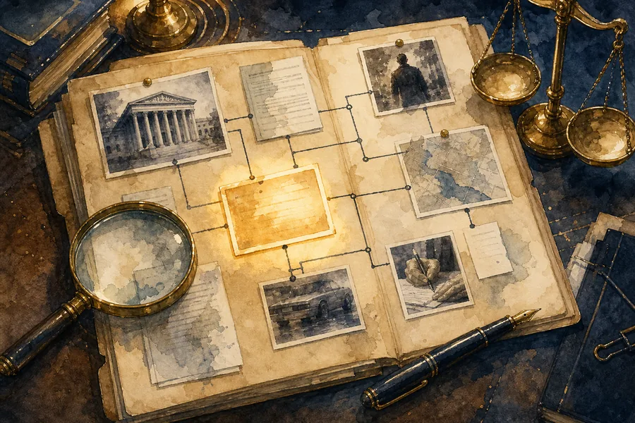 Watercolor illustration of an open case file with evidence mapped across the pages