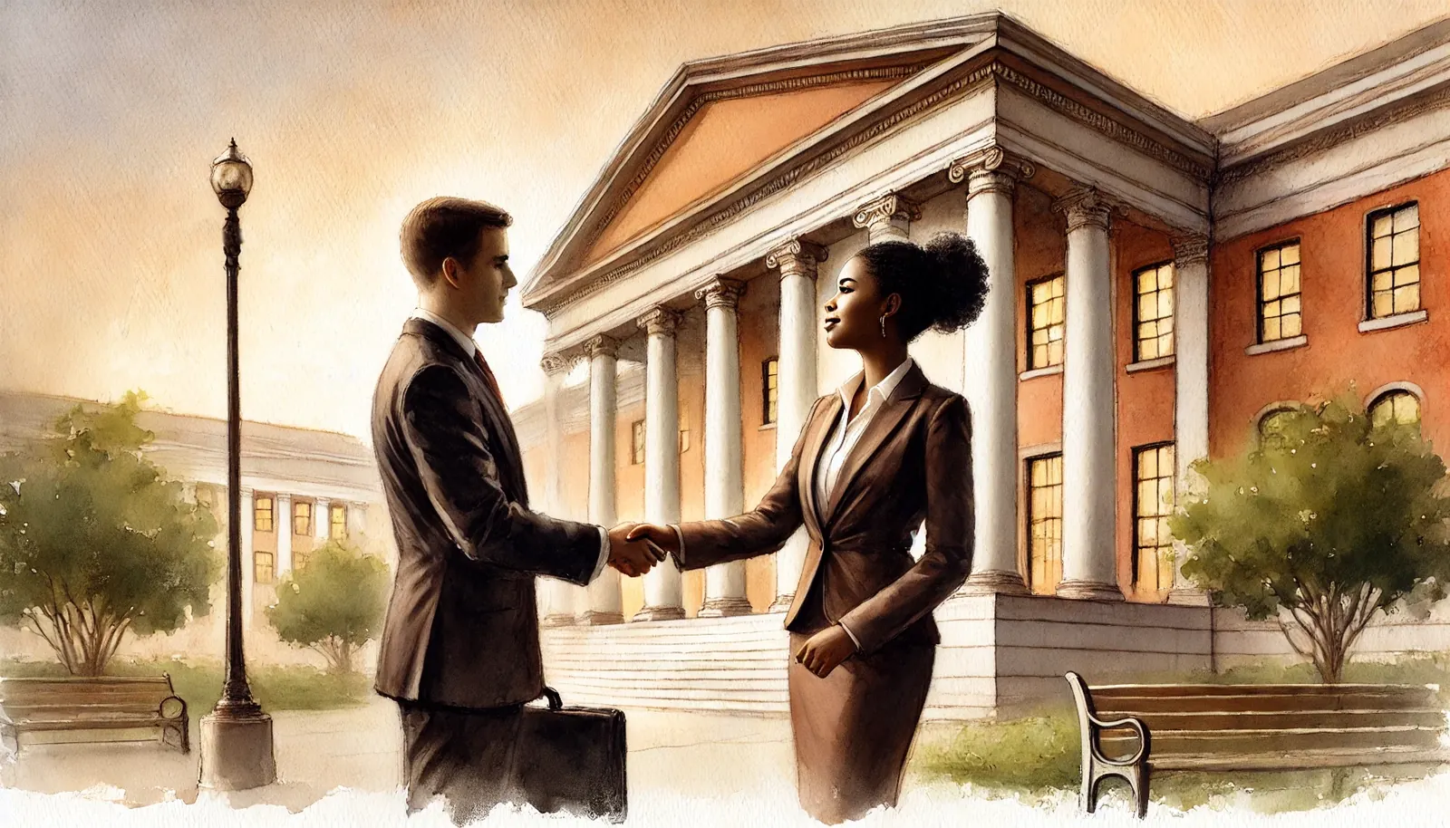 Watercolor illustration of an attorney and client shaking hands outside a courthouse